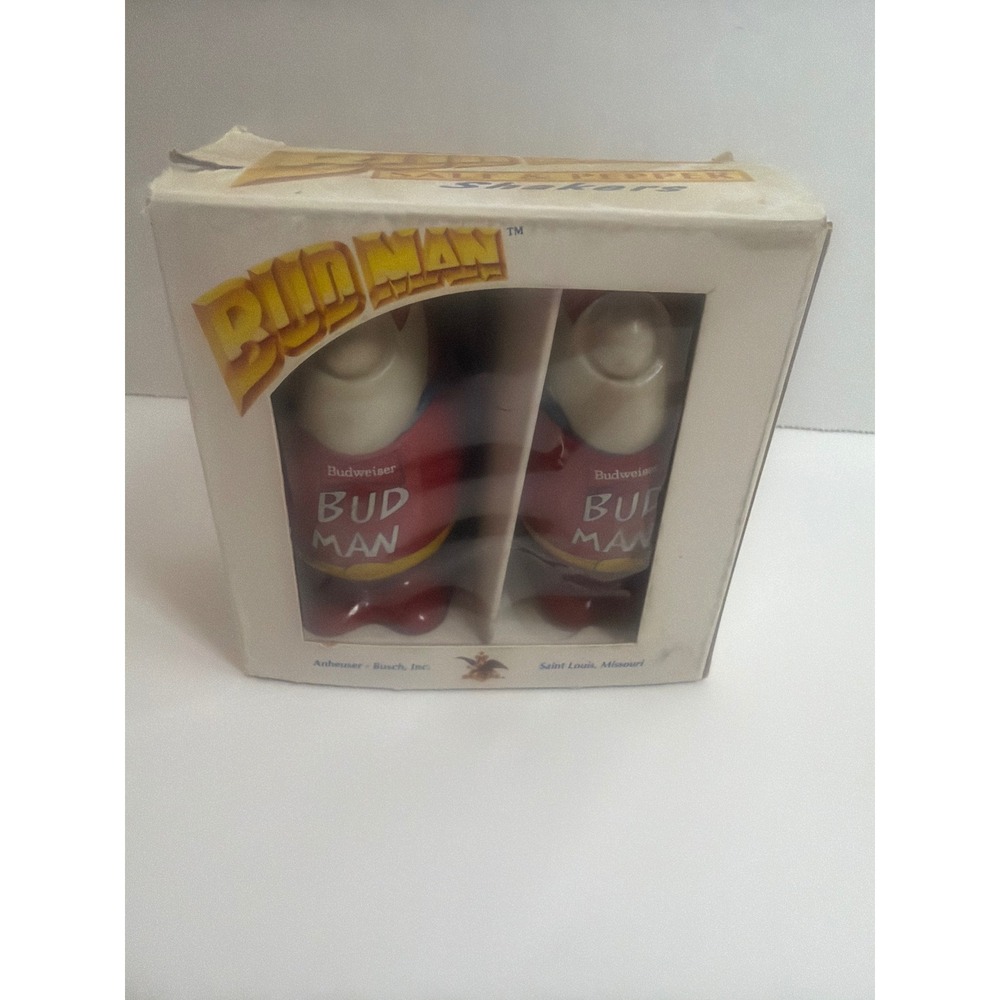 Vintage 1991 Budweiser Bud Man Ceramic Salt and Pepper Shaker Set with Box